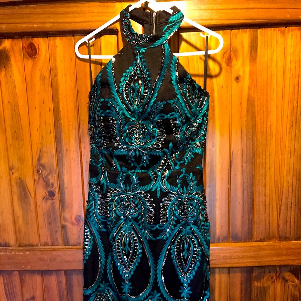 Elle Zeitoune Midi Beaded Evening Dress with Fringe Blue Green Black Gown Size 6 - Picture 1 of 6